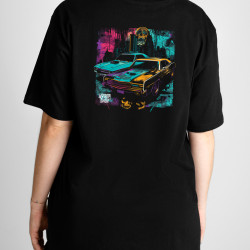 Black T-shirt with a unique "Retro Downtown" graphic from Wroom Shop