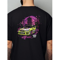 Black T-shirt with a unique "Sakura Subaru Style" graphic from Wroom Shop