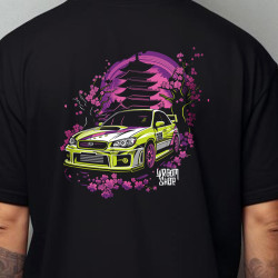 Black T-shirt with a unique "Sakura Subaru Style" graphic from Wroom Shop