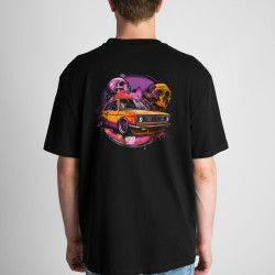 Black T-shirt with a unique "Sunrise Vag" graphic from Wroom Shop