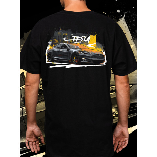 Black T-shirt with a unique "Tesla Model S" graphic from Wroom Shop