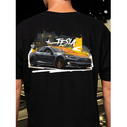 Black T-shirt with a unique "Tesla Model S" graphic from Wroom Shop