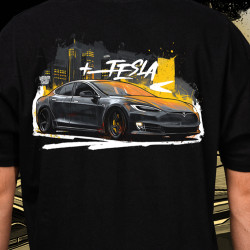 Black T-shirt with a unique "Tesla Model S" graphic from Wroom Shop