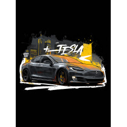 Black T-shirt with a unique "Tesla Model S" graphic from Wroom Shop