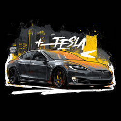 Black T-shirt with a unique "Tesla Model S" graphic from Wroom Shop